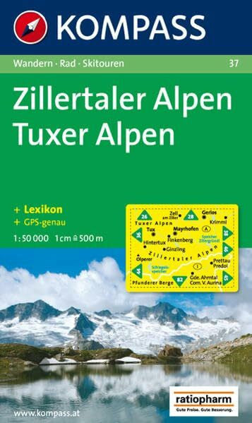 KOMPASS, 37 Zillertaler Alpen, Tuxer Alpen: Wander-, Rad- und Skitourenkarte. GPS-genau. 1:50.000