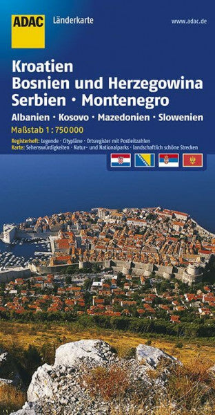 ADAC Kartografie ADAC LänderKarte Kroatien, Bosnien u. Herzegowina, Serbien, Montenegro 1:750 000: Albanien, Kosovo, Mazedonien, Slowenien