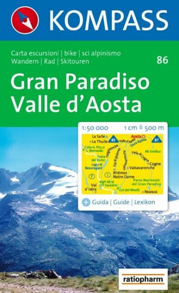 Kompass, 86 Gran Paradiso, Valle d' Aosta: Carta escursioni / bike / sci alpinismo. Wandern / Rad / Skitouren. 1:50.000