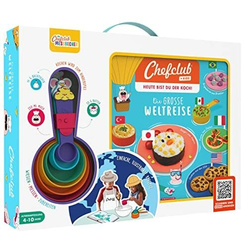 Snacking Media Chefclub Kids | Kochbuch-Set | Rezeptbuch 'Die große Weltreise' mit original Chefclub Messbechern, Atlanten und Aufklebern | QR-Codes zu Videorezepten | ChefClub.TV | Kochen für Kinder | ab 4 Jahren