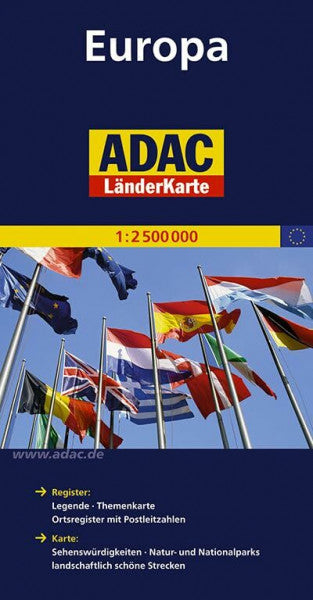ADAC Kartografie ADAC Länderkarte Europa 1:2.500.000: Register: Legende, Themenkarte, Ortsregister mit Postleitzahlen / Karte: Sehenswürdigkeiten,Natur- und Nationalparks, landschaftlich schöne Strecken