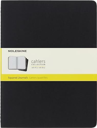 Moleskine Moleskine Cahier Journal, 3er-Set karierte Notizbücher, einfarbiger Kartoneinband mit sichtbarer Naht, Farbe Schwarz, 120 Seiten, Extra Large 19 x 25 cm