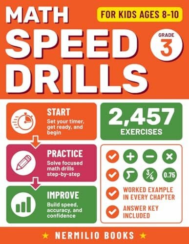 Books, Nermilio Math Speed Drills 3rd Grade: Math Activity Book for Kids Ages 8-10 | Addition, Subtraction, Multiplication, Long Division, Fractions, and Decimals (Nermilio Grade 3 Math Series)