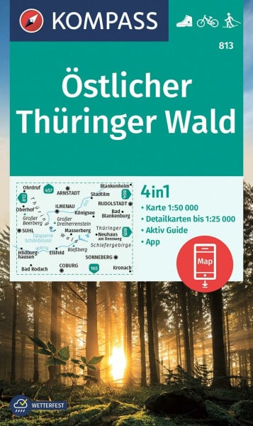 KOMPASS-Karten GmbH KOMPASS Wanderkarte 813 Östlicher Thüringer Wald 1:50.000: 4in1 Wanderkarte, mit Aktiv Guide und Detailkarten inklusive Karte zur offline Verwendung in der KOMPASS-App. Fahrradfahren. Langlaufen.
